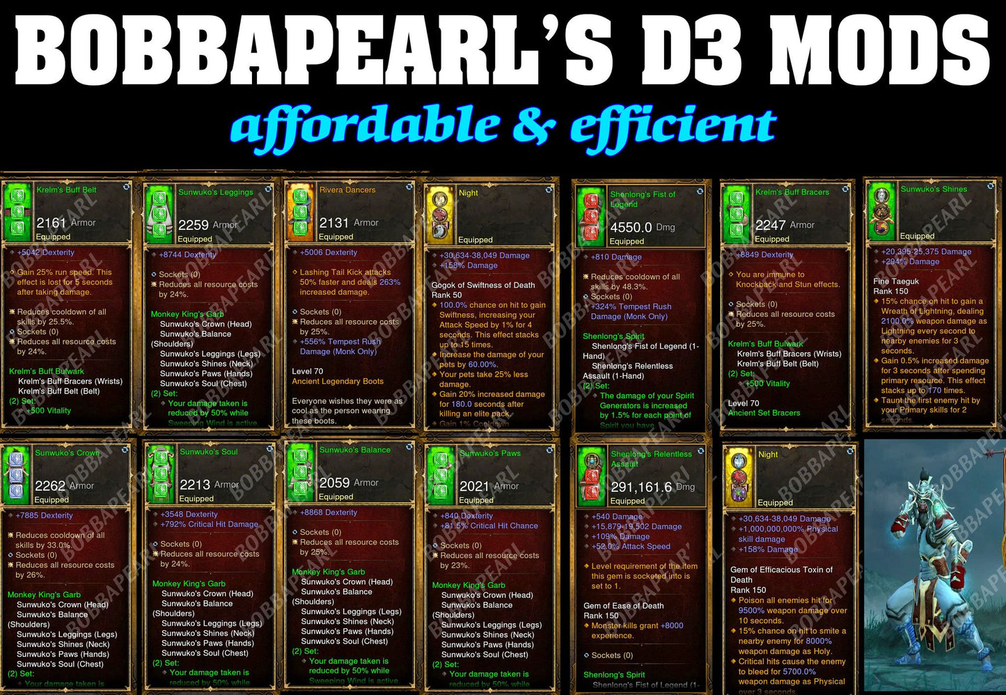 BobbaPearl's Sunwoko Monk Set for GRIFT 150 #B3-Diablo 3 Mods - Playstation 4, Xbox One, Nintendo Switch