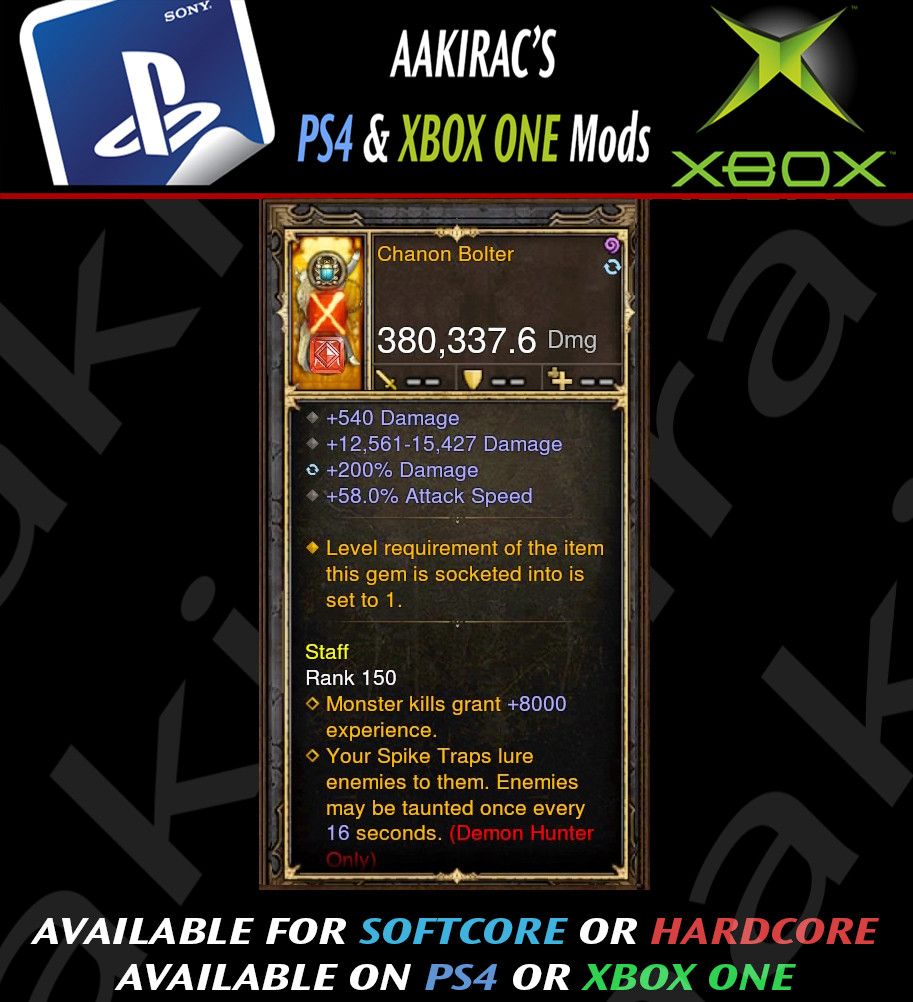 Chanon Bolter 380k Crossbow Modded Weapon - Diablo 3 Mods Store - Seasonal and non-seasonal - Modded Items and Gear for PlayStation 4, PlayStation 5, Nintendo Switch, and Xbox One