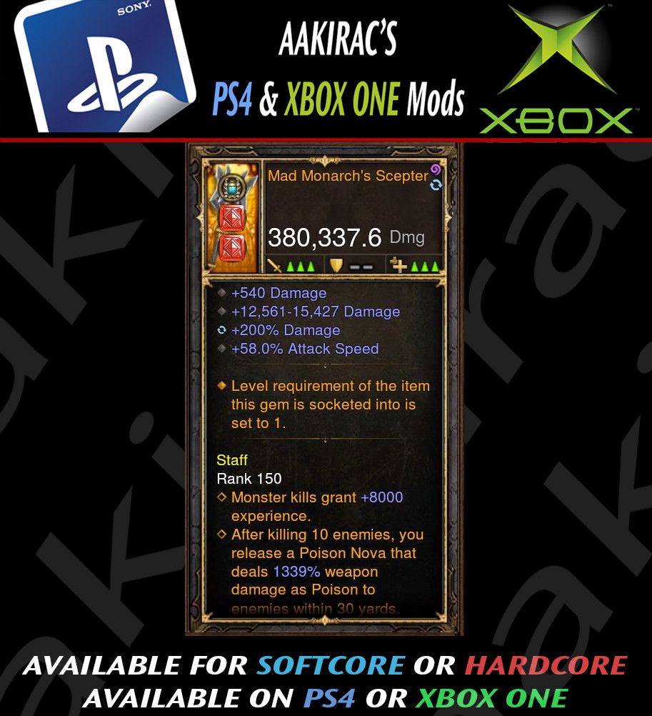 Mad Monarchs Scepter 380k Modded Weapon - Diablo 3 Mods Store - Seasonal and non-seasonal - Modded Items and Gear for PlayStation 4, PlayStation 5, Nintendo Switch, and Xbox One