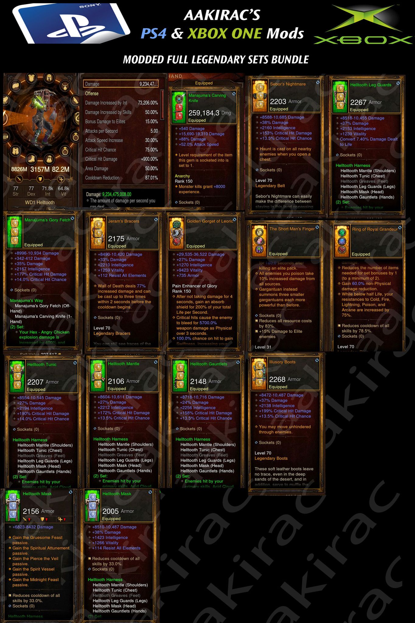 Bundled Deal #1: 4x MODDED Classes 56x Items Total - Barbarian, Demon Hunter, Monk, Witch Doctor-Diablo 3 Mods - Playstation 4, Xbox One, Nintendo Switch