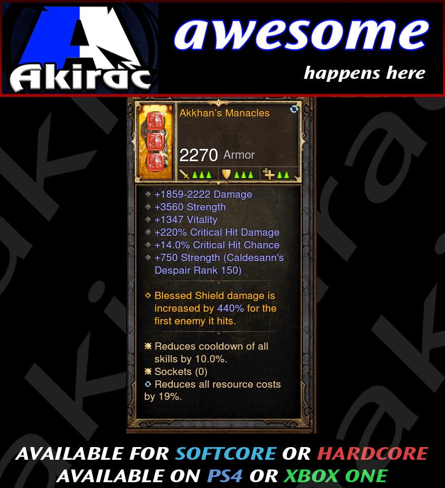 Akkhan's Manacles Bracers Modded - Diablo 3 Mods Store - Seasonal and non-seasonal - Modded Items and Gear for PlayStation 4, PlayStation 5, Nintendo Switch, and Xbox One