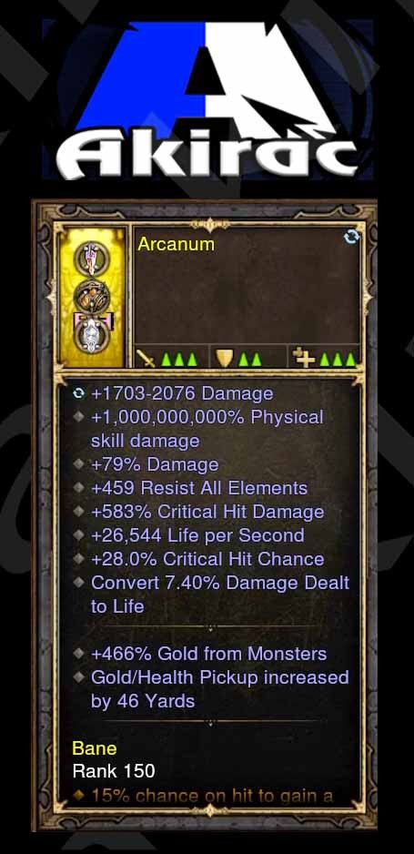 1000000000% 79% Damage, 459 Resists All, 26k LPS, 28% CC, 7.40% LL, 466% Gold, 46 yards GPR Arcanum - Diablo 3 Mods Store - Seasonal and non-seasonal - Modded Items and Gear for PlayStation 4, PlayStation 5, Nintendo Switch, and Xbox One