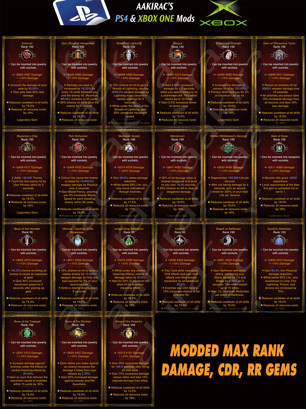 Legendary Gems (Max Rank, MODDED with ONLY CDR, RR, Damage) - Diablo 3 Mods Store - Seasonal and non-seasonal - Modded Items and Gear for PlayStation 4, PlayStation 5, Nintendo Switch, and Xbox One