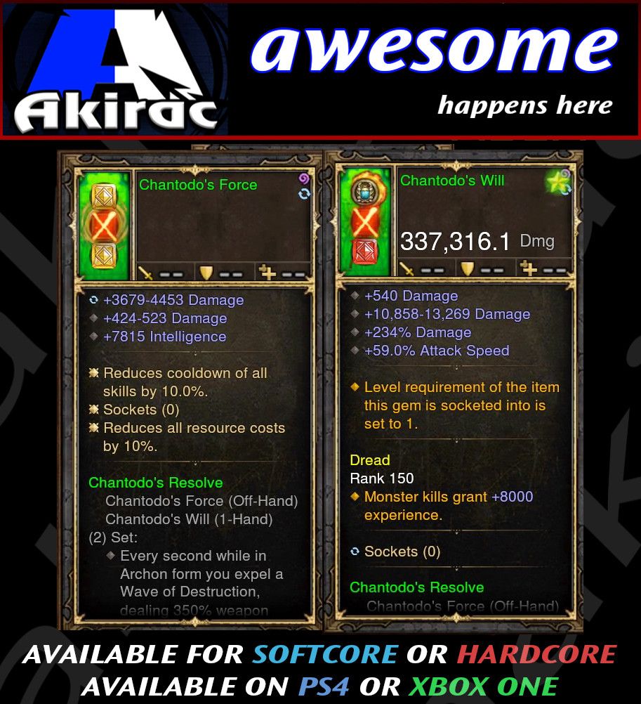Chantodo's Will + Sorce Offhand Combo 337k Modded Weapon - Diablo 3 Mods Store - Seasonal and non-seasonal - Modded Items and Gear for PlayStation 4, PlayStation 5, Nintendo Switch, and Xbox One
