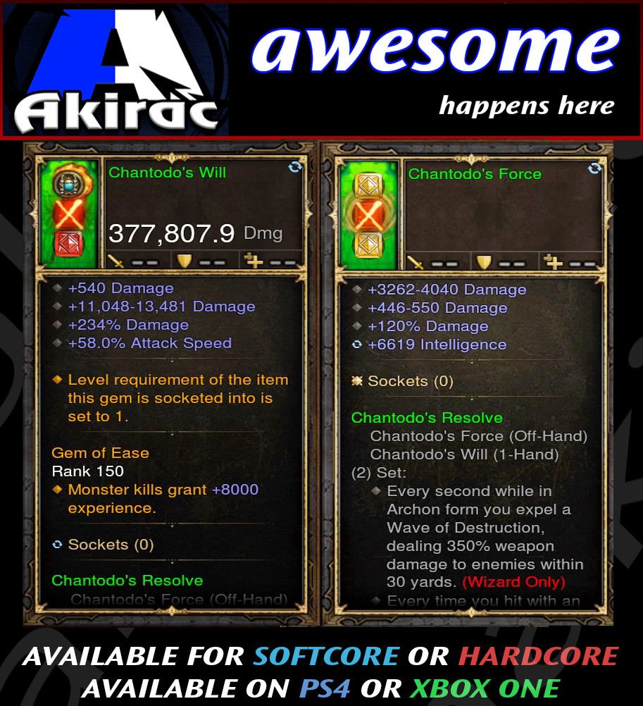 Chantodo's Will + Sorce Offhand Combo 377k Modded Weapon - Diablo 3 Mods Store - Seasonal and non-seasonal - Modded Items and Gear for PlayStation 4, PlayStation 5, Nintendo Switch, and Xbox One