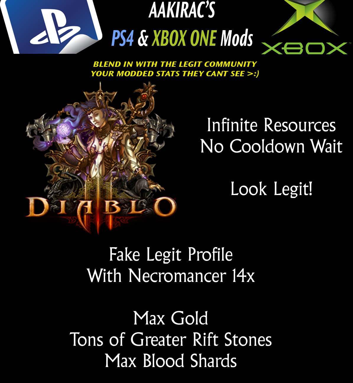 14x "FAKE LEGIT" + (NECROMANCER) Stat Modded Characters - Blend in w/ the Legit Community - Diablo 3 Mods Store - Seasonal and non-seasonal - Modded Items and Gear for PlayStation 4, PlayStation 5, Nintendo Switch, and Xbox One