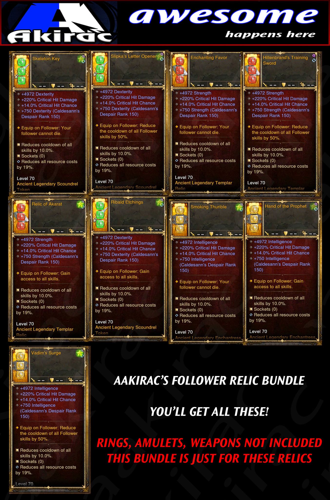 Follower Relics Bundle (Modded) - Diablo 3 Mods Store - Seasonal and non-seasonal - Modded Items and Gear for PlayStation 4, PlayStation 5, Nintendo Switch, and Xbox One