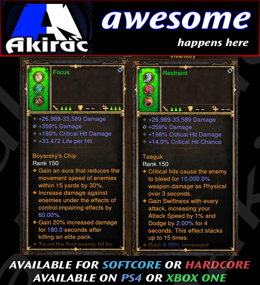 Focus + Restraint Combo Modded Set Rings - Diablo 3 Mods Store - Seasonal and non-seasonal - Modded Items and Gear for PlayStation 4, PlayStation 5, Nintendo Switch, and Xbox One