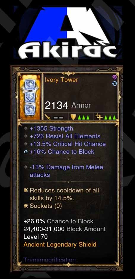 Ivory Tower 1.3k Str, +726 Resist, 14% CDR Modded Shield - Diablo 3 Mods Store - Seasonal and non-seasonal - Modded Items and Gear for PlayStation 4, PlayStation 5, Nintendo Switch, and Xbox One