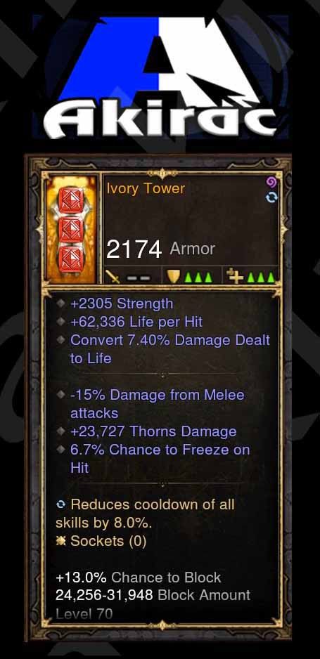 Ivory Tower 2k Str, 62k Life per Hit, 7.40% Life Leech, +23k Thorns, +6% Freeze Modded Shield - Diablo 3 Mods Store - Seasonal and non-seasonal - Modded Items and Gear for PlayStation 4, PlayStation 5, Nintendo Switch, and Xbox One