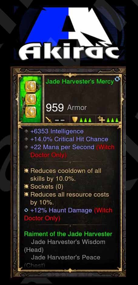 Jade Harvesters Mercy 14% CC, 22 Mana Per Second, 6.3k Int, 12% Haunt Damage Modded Set Witch Doctor Gloves - Diablo 3 Mods Store - Seasonal and non-seasonal - Modded Items and Gear for PlayStation 4, PlayStation 5, Nintendo Switch, and Xbox One