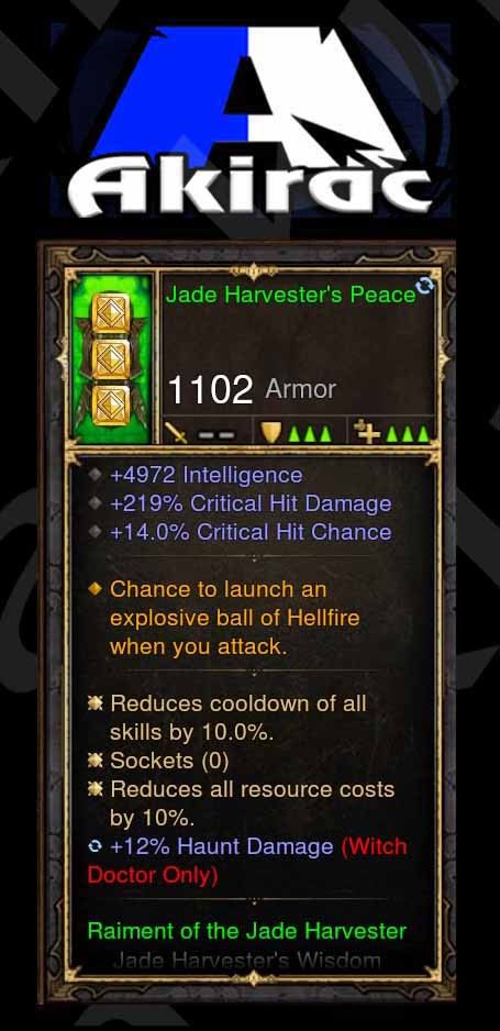 Jade Harvesters Peace 14% CC, 4.9k Int, 219% CHD, FireBall, 12% Haunt Damage Modded Set Witch Doctor Chest - Diablo 3 Mods Store - Seasonal and non-seasonal - Modded Items and Gear for PlayStation 4, PlayStation 5, Nintendo Switch, and Xbox One