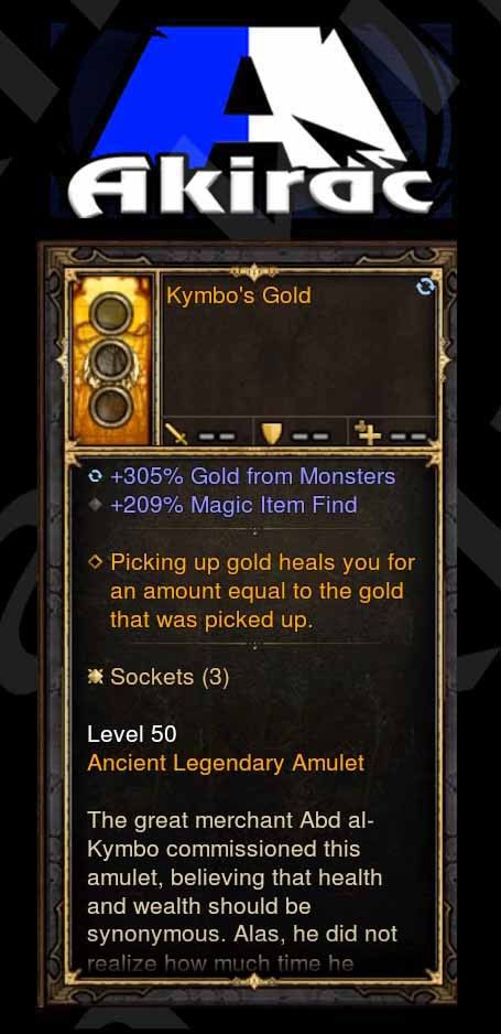 Kymbo's Gold 305% Gold, 209% Magic Find (Unsocketed) Modded Amulet - Diablo 3 Mods Store - Seasonal and non-seasonal - Modded Items and Gear for PlayStation 4, PlayStation 5, Nintendo Switch, and Xbox One