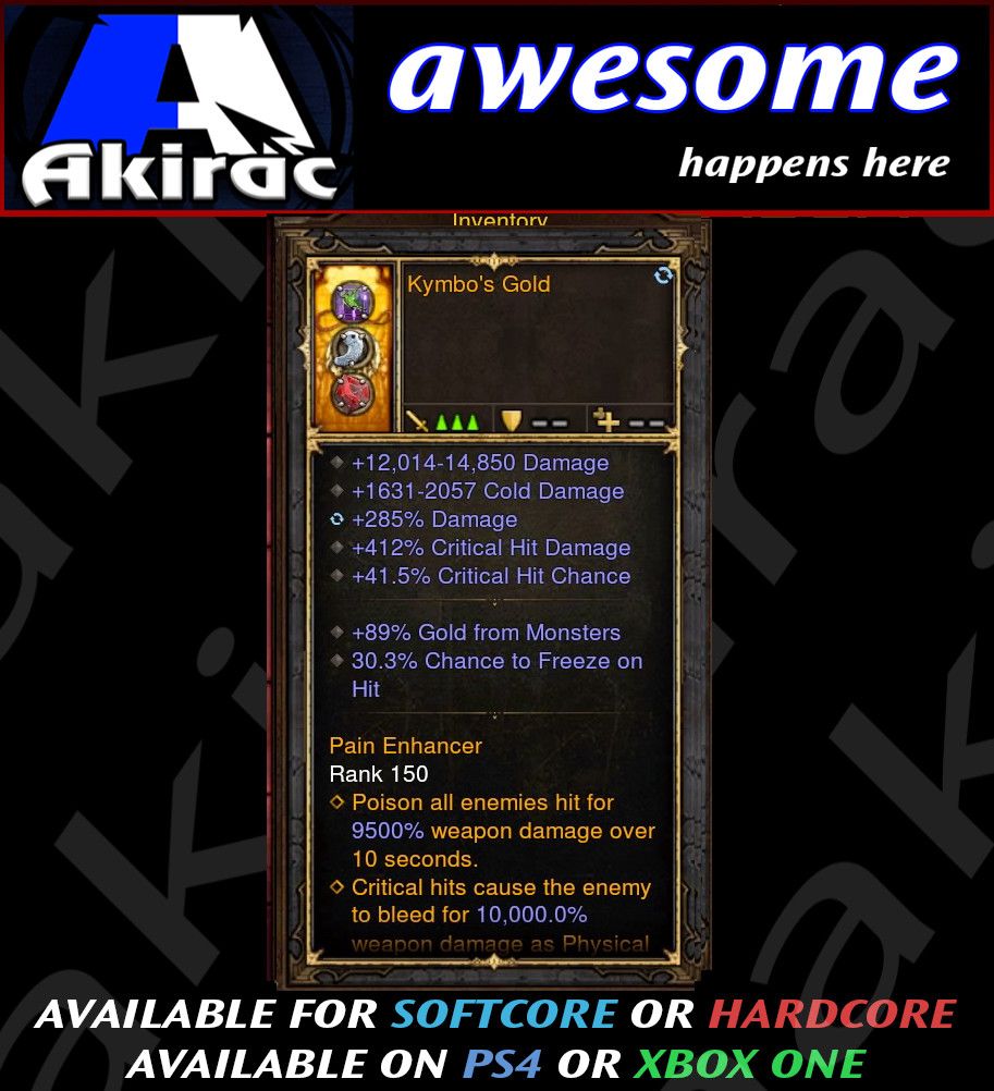 Kymbo's Gold 412% CHD / 285% Dam / 41% CC Modded Amulet - Diablo 3 Mods Store - Seasonal and non-seasonal - Modded Items and Gear for PlayStation 4, PlayStation 5, Nintendo Switch, and Xbox One