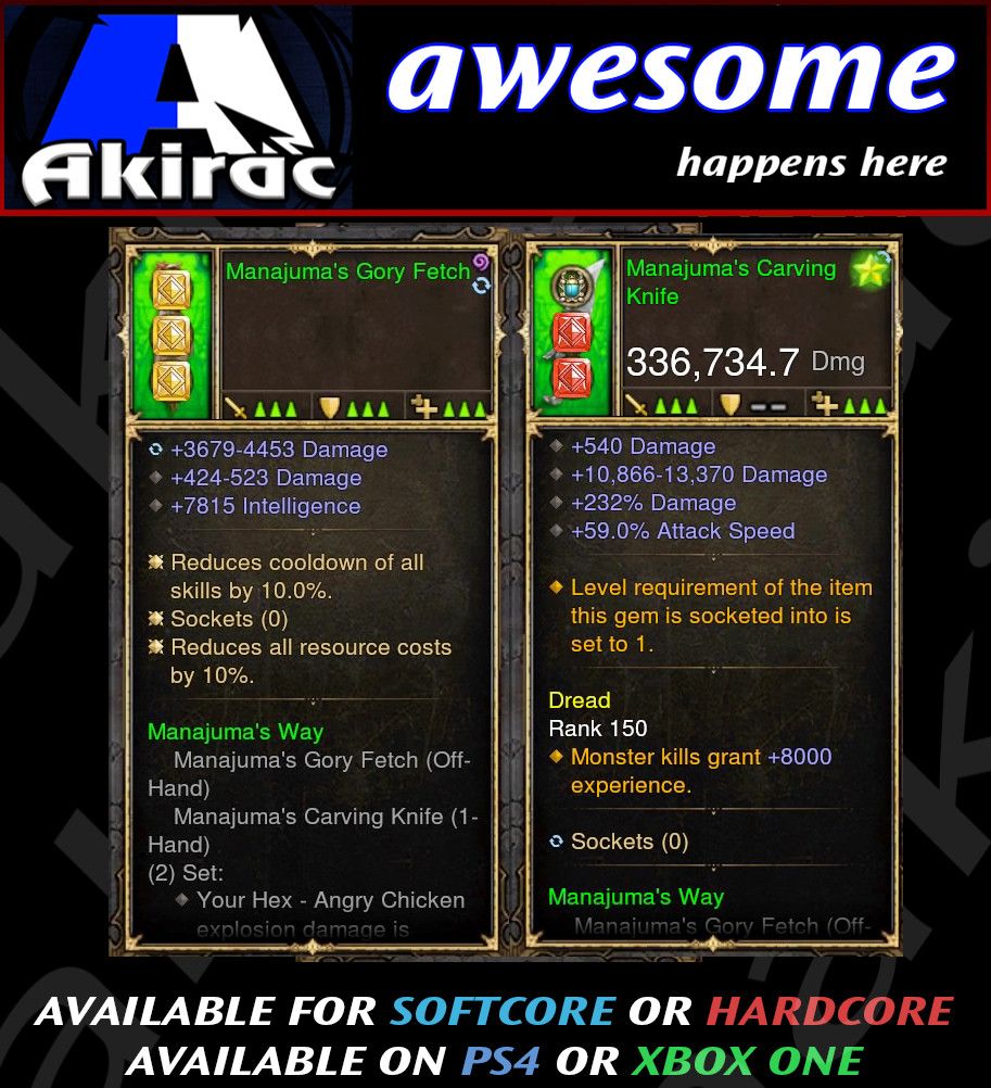 Manajuma's Knife + Mojo Offhand Combo 336k Modded Weapon - Diablo 3 Mods Store - Seasonal and non-seasonal - Modded Items and Gear for PlayStation 4, PlayStation 5, Nintendo Switch, and Xbox One