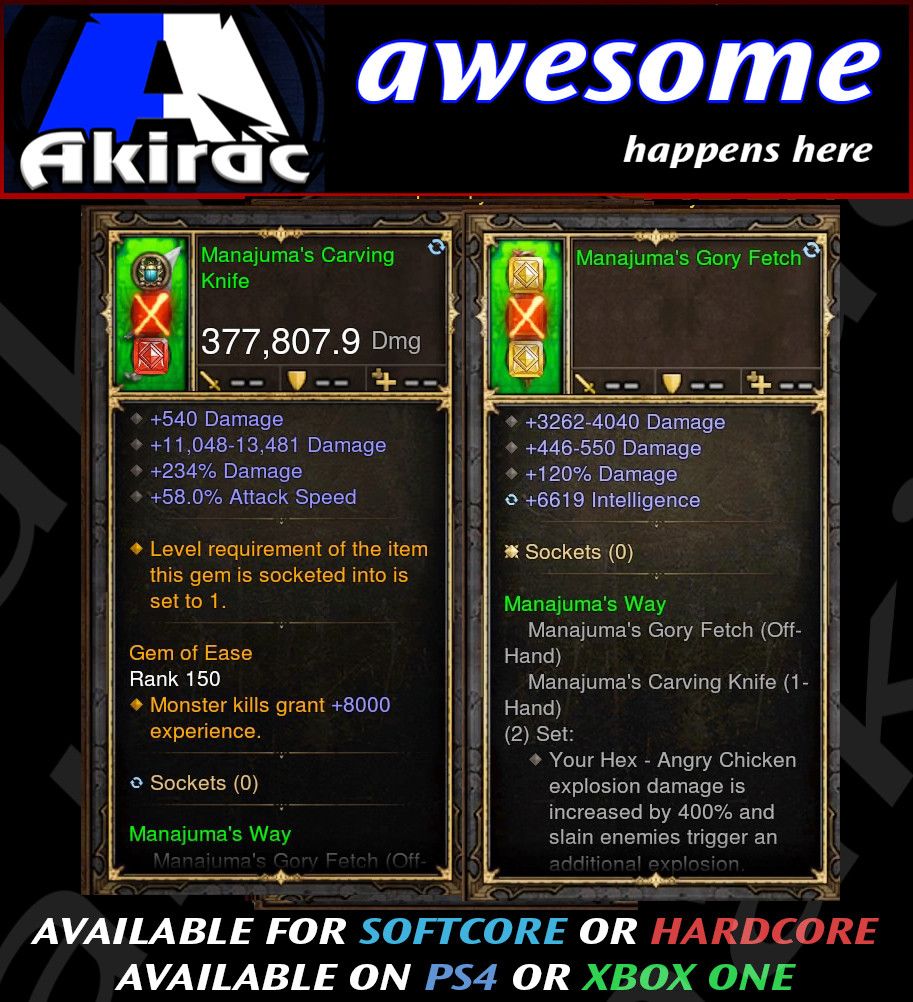 Manajuma's Knife + Mojo Offhand Combo 377k Modded Weapon - Diablo 3 Mods Store - Seasonal and non-seasonal - Modded Items and Gear for PlayStation 4, PlayStation 5, Nintendo Switch, and Xbox One
