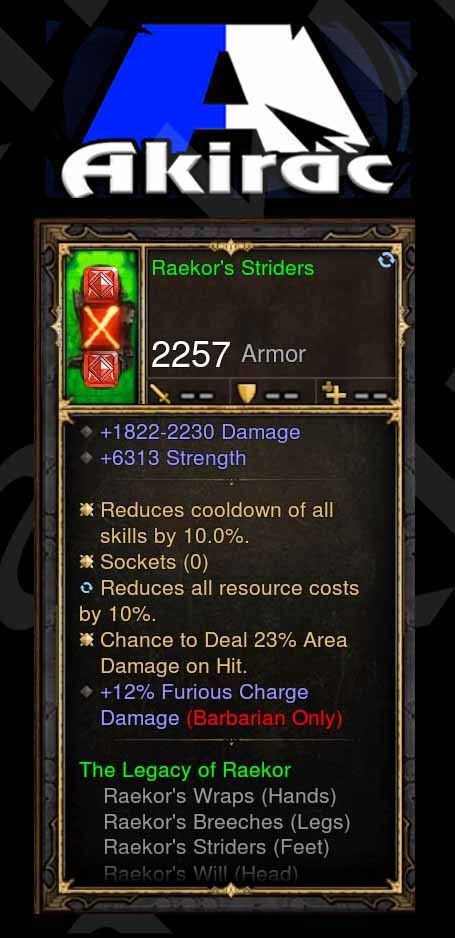 Raekor's Striders 6.3k Str, 23% Area Damage, 10% CDR, 12% Furious Charge Damage Modded Set Barbarian Boots - Diablo 3 Mods Store - Seasonal and non-seasonal - Modded Items and Gear for PlayStation 4, PlayStation 5, Nintendo Switch, and Xbox One