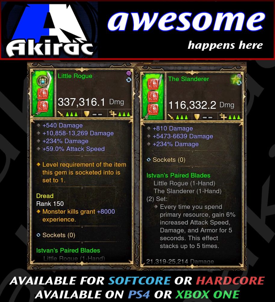Little Rogue + Slanderer Combo 337k / 116k Modded Weapon - Diablo 3 Mods Store - Seasonal and non-seasonal - Modded Items and Gear for PlayStation 4, PlayStation 5, Nintendo Switch, and Xbox One