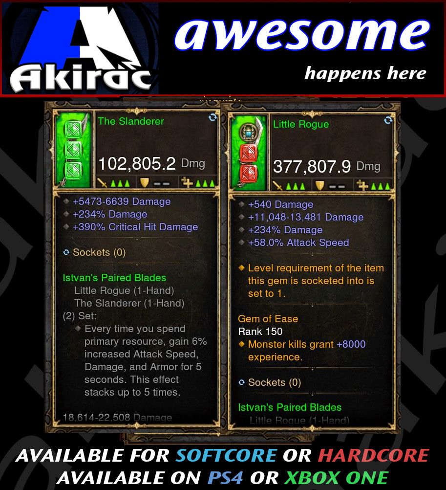 Little Rogue + Slanderer Combo 377k / 102k Modded Weapon - Diablo 3 Mods Store - Seasonal and non-seasonal - Modded Items and Gear for PlayStation 4, PlayStation 5, Nintendo Switch, and Xbox One