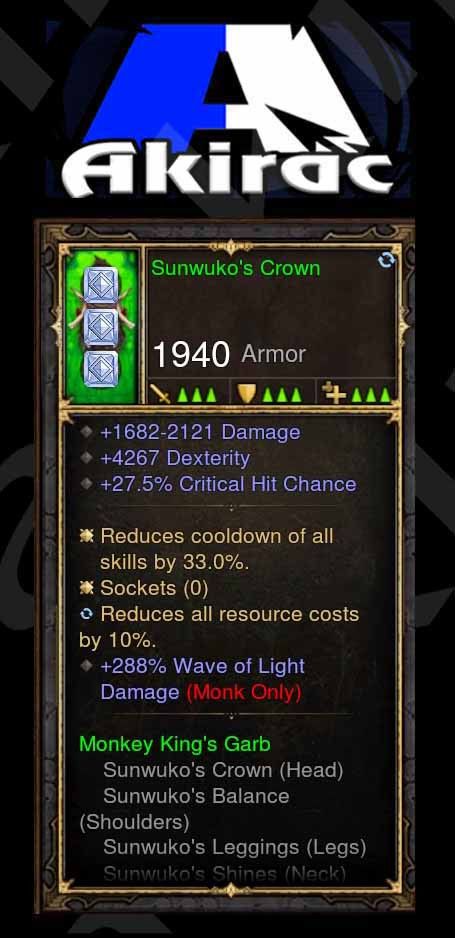 Sunwuko's Crown 4k Dex, 27% CC, 288% Wave of Light Damage Modded Set Helm Monk - Diablo 3 Mods Store - Seasonal and non-seasonal - Modded Items and Gear for PlayStation 4, PlayStation 5, Nintendo Switch, and Xbox One