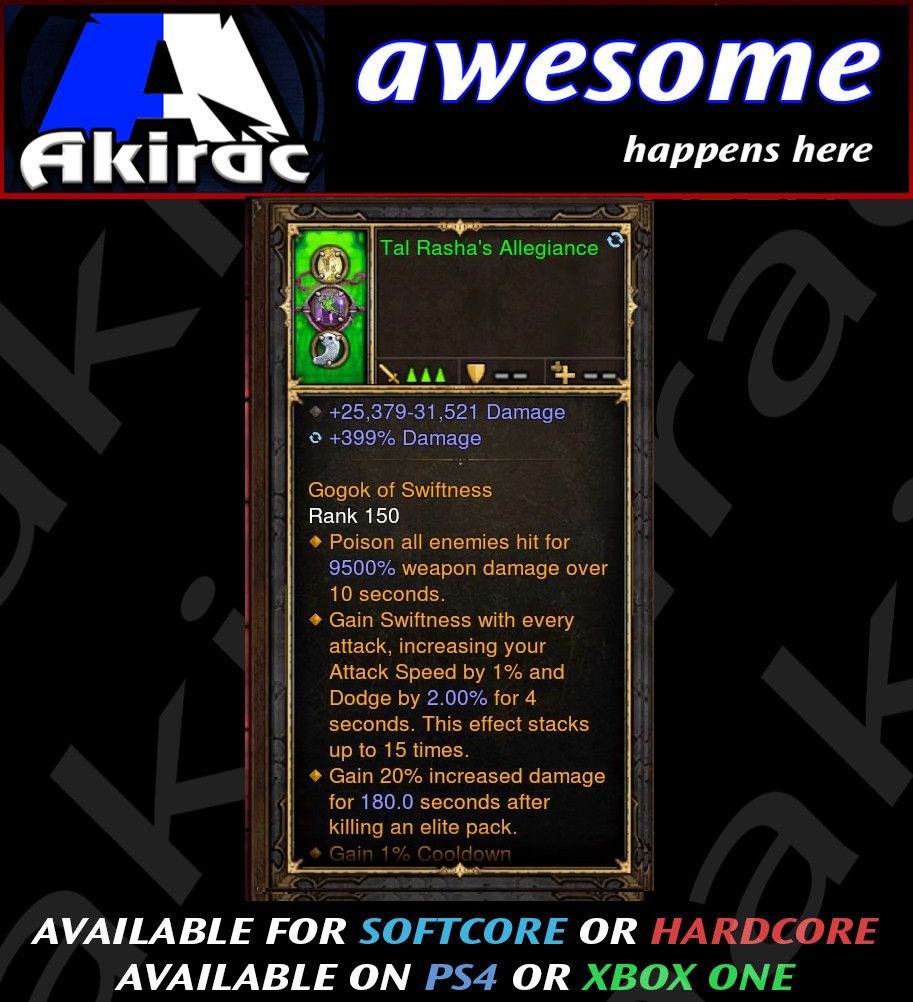 Tal Rasha's Allegiance 399% Damage + 25k-31k Black Damage Modded Amulet - Diablo 3 Mods Store - Seasonal and non-seasonal - Modded Items and Gear for PlayStation 4, PlayStation 5, Nintendo Switch, and Xbox One
