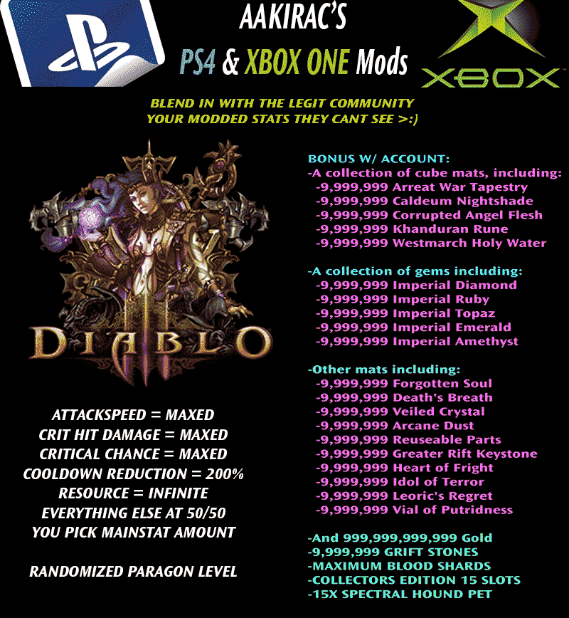 12x "FAKE LEGIT" Stat Modded Characters - Blend in w/ the Legit Community - Diablo 3 Mods Store - Seasonal and non-seasonal - Modded Items and Gear for PlayStation 4, PlayStation 5, Nintendo Switch, and Xbox One