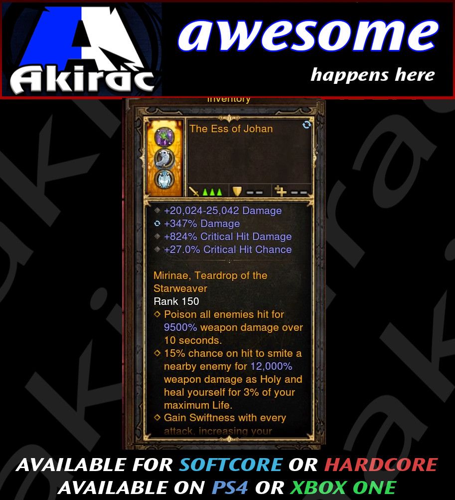 The Ess of Johan 347% Damage / 824% CHD / 27% CC 20k - 25k Black Damage Modded Amulet - Diablo 3 Mods Store - Seasonal and non-seasonal - Modded Items and Gear for PlayStation 4, PlayStation 5, Nintendo Switch, and Xbox One