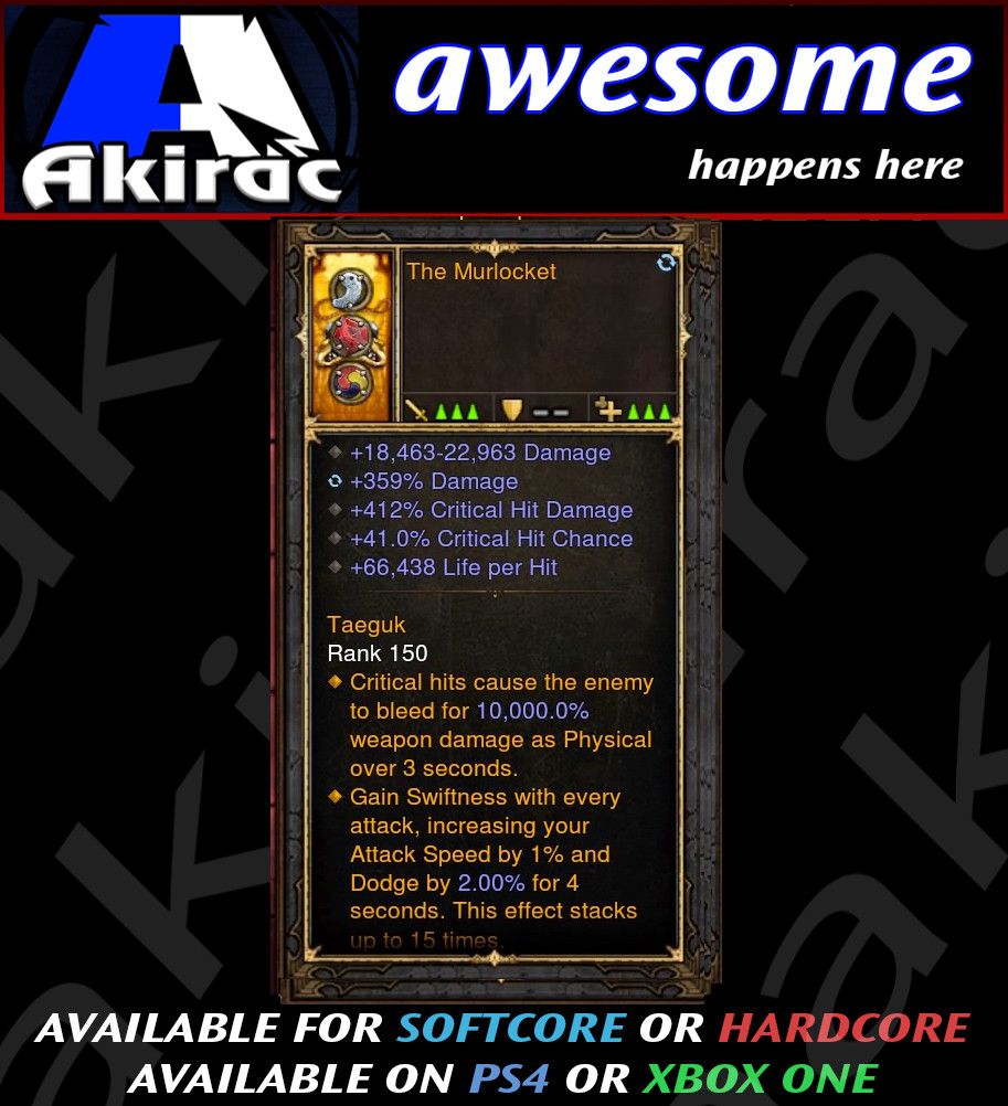 The Murlocket 359% Damage / 412% CHD / 41% CC / 66k LPH Modded Amulet - Diablo 3 Mods Store - Seasonal and non-seasonal - Modded Items and Gear for PlayStation 4, PlayStation 5, Nintendo Switch, and Xbox One