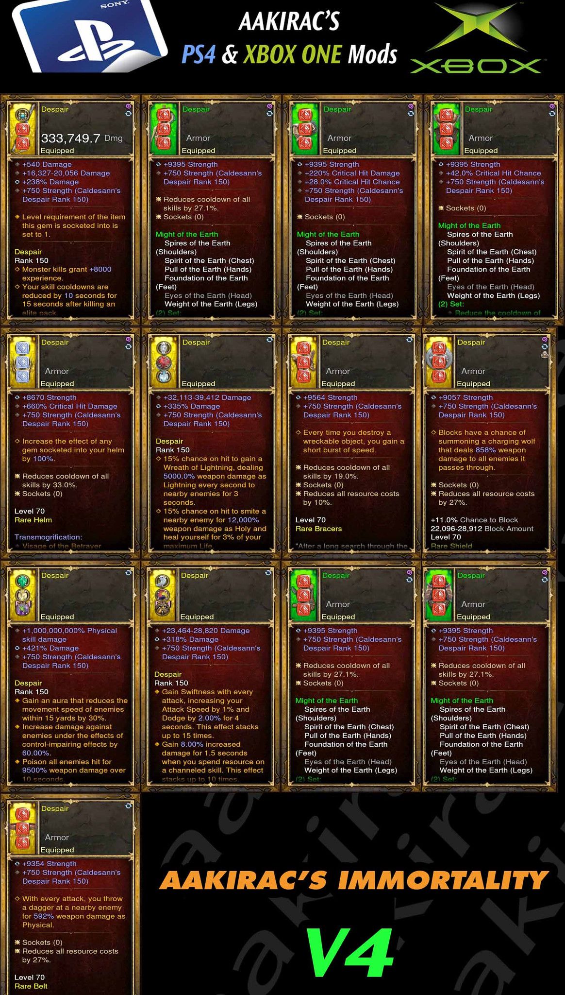 Diablo 3 Immortal v4 Classic Earth Barbarian Modded Set for Rift 150 Despair - Diablo 3 Mods Store - Seasonal and non-seasonal - Modded Items and Gear for PlayStation 4, PlayStation 5, Nintendo Switch, and Xbox One