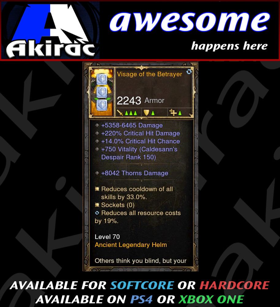 Visage of The Betrayer 220% CHD, 14% CC Rare Helm Modded - Diablo 3 Mods Store - Seasonal and non-seasonal - Modded Items and Gear for PlayStation 4, PlayStation 5, Nintendo Switch, and Xbox One