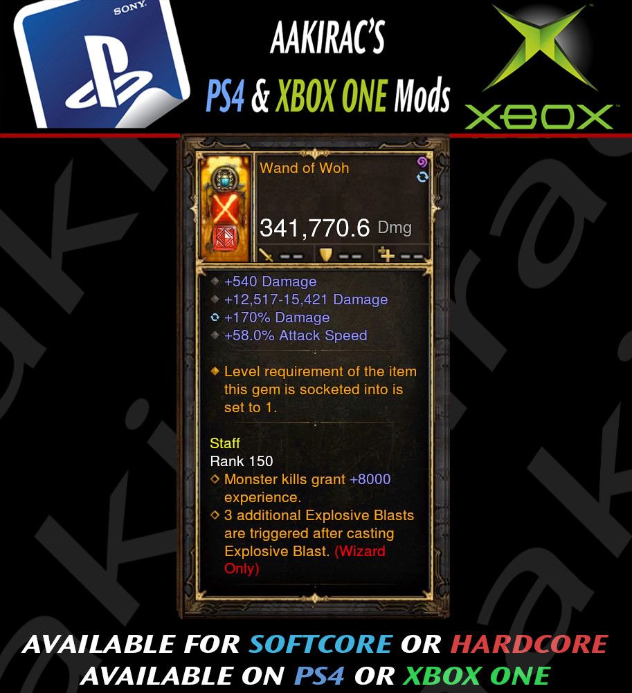 Wand of Woh 341k Wizard Wand Modded Weapon - Diablo 3 Mods Store - Seasonal and non-seasonal - Modded Items and Gear for PlayStation 4, PlayStation 5, Nintendo Switch, and Xbox One