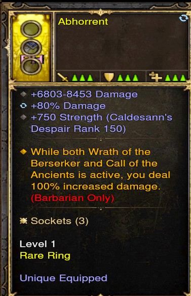 100% Increased Damage Barbarian Modded Ring (Unsocketed) Abohorrent - Diablo 3 Mods Store - Seasonal and non-seasonal - Modded Items and Gear for PlayStation 4, PlayStation 5, Nintendo Switch, and Xbox One