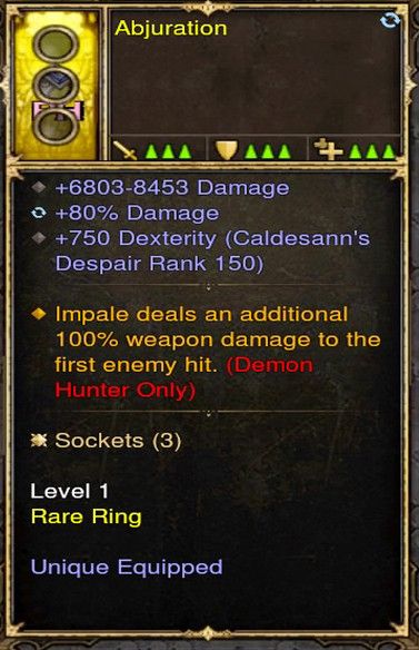 Impale 100% Damage Demon Hunter Modded Ring (Unsocketed) Abjuration - Diablo 3 Mods Store - Seasonal and non-seasonal - Modded Items and Gear for PlayStation 4, PlayStation 5, Nintendo Switch, and Xbox One