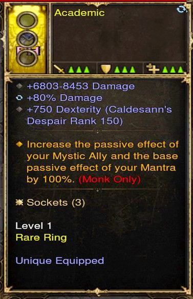 Increase Passives, Mystic, Mantra Effects by 100% Monk Modded Ring (Unsocketed) Academic - Diablo 3 Mods Store - Seasonal and non-seasonal - Modded Items and Gear for PlayStation 4, PlayStation 5, Nintendo Switch, and Xbox One