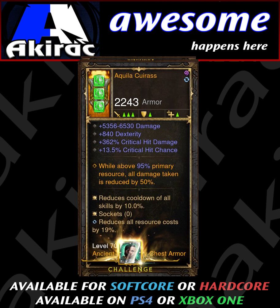 Aquila Cuirass Modded Chest Armor 362% CHD / 13% CC - Diablo 3 Mods Store - Seasonal and non-seasonal - Modded Items and Gear for PlayStation 4, PlayStation 5, Nintendo Switch, and Xbox One