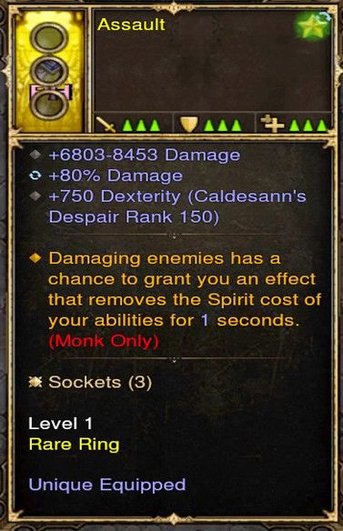 Remove Sprit Cost Upon Damaging Monk Modded Ring (Unsocketed) Assault - Diablo 3 Mods Store - Seasonal and non-seasonal - Modded Items and Gear for PlayStation 4, PlayStation 5, Nintendo Switch, and Xbox One