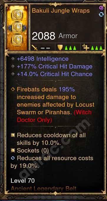 2.4.2 Bakuli Jungle Wraps 6.4k Int, 177% chd, 14% cc Witch Doctor Belt - Diablo 3 Mods Store - Seasonal and non-seasonal - Modded Items and Gear for PlayStation 4, PlayStation 5, Nintendo Switch, and Xbox One