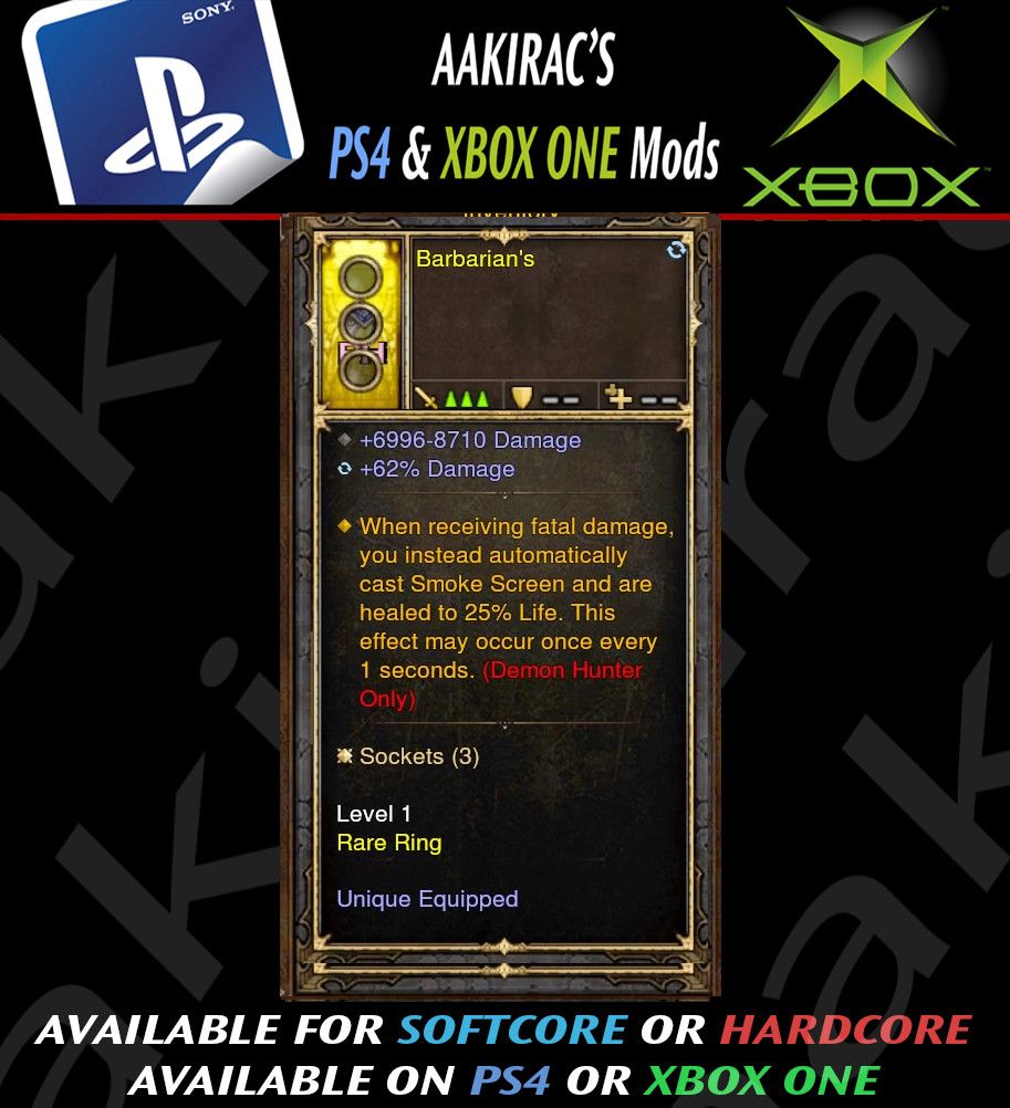 Cast Smoke Screen upon Fatal Damage Demon Hunter Modded Ring (Unsocketed) 'Barbarians' - Diablo 3 Mods Store - Seasonal and non-seasonal - Modded Items and Gear for PlayStation 4, PlayStation 5, Nintendo Switch, and Xbox One