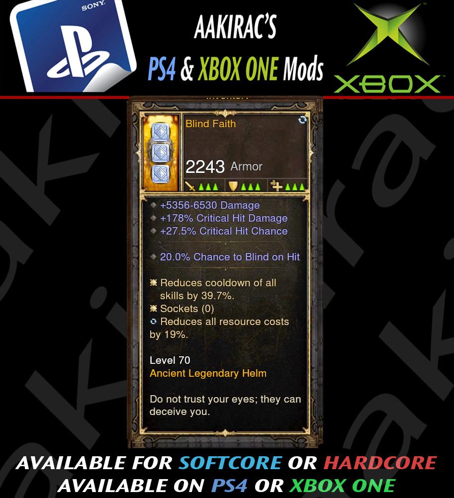 Blind Faith Modded Helm - Diablo 3 Mods Store - Seasonal and non-seasonal - Modded Items and Gear for PlayStation 4, PlayStation 5, Nintendo Switch, and Xbox One