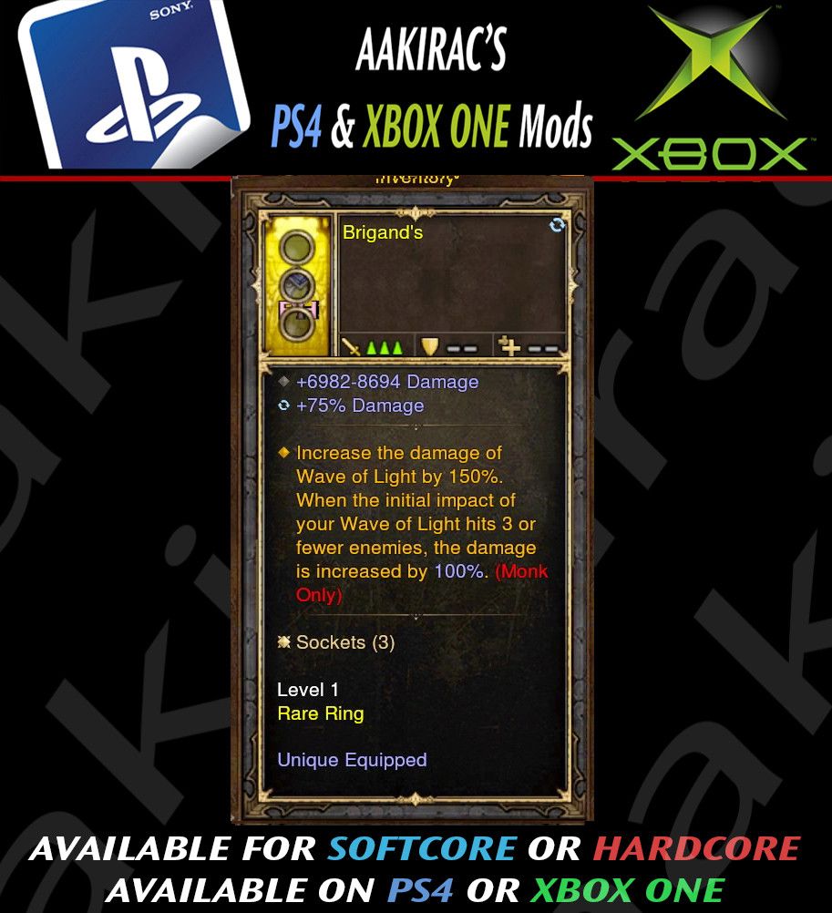 Increase Wave of Light Damage by 150% Monk Modded Ring (Unsocketed) Brigands - Diablo 3 Mods Store - Seasonal and non-seasonal - Modded Items and Gear for PlayStation 4, PlayStation 5, Nintendo Switch, and Xbox One