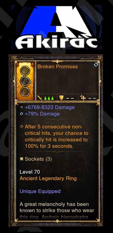 Broken Promises 6.7k-8.3k Damage, 79% Damage Modded Ring (Unsocketed) - Diablo 3 Mods Store - Seasonal and non-seasonal - Modded Items and Gear for PlayStation 4, PlayStation 5, Nintendo Switch, and Xbox One