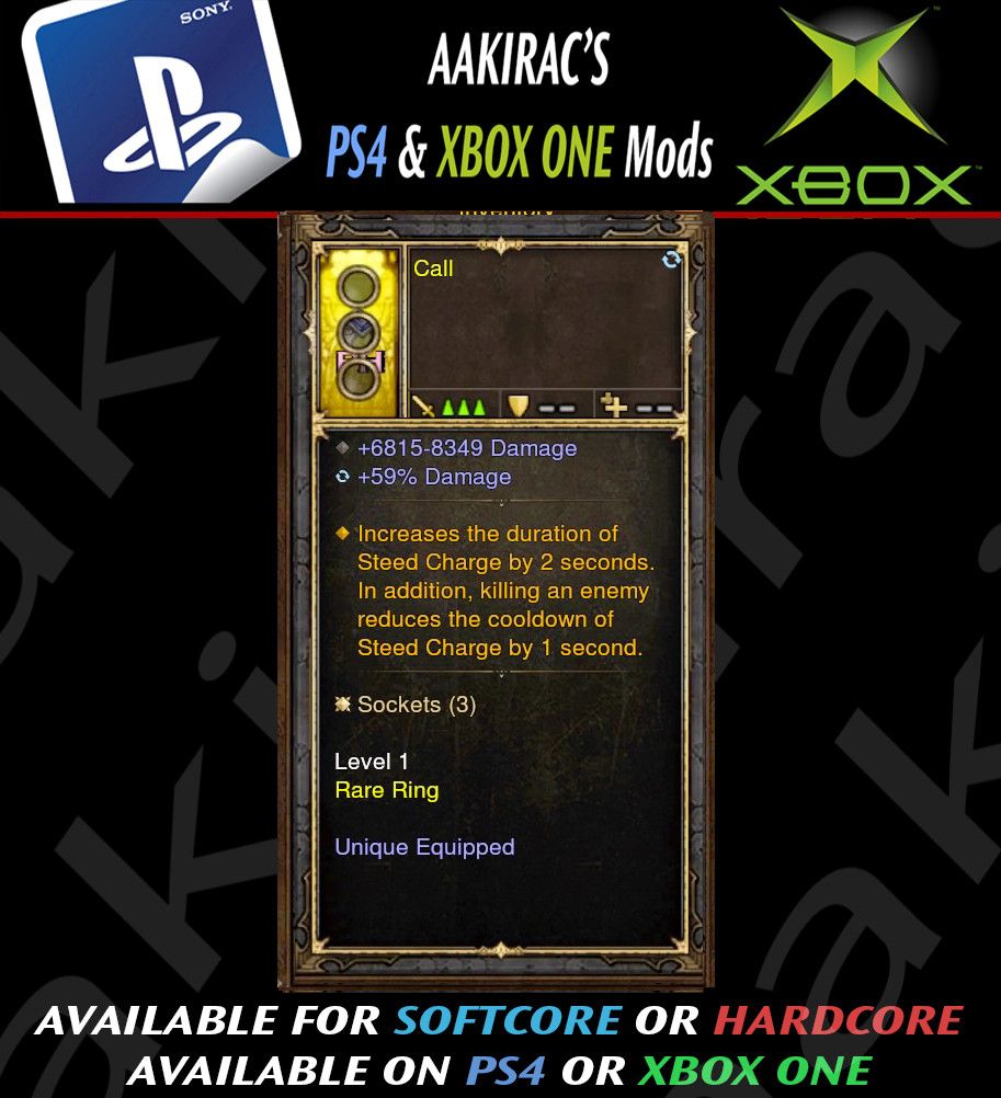 Increase Duration of Steed Charge / Reduce Cooldown Crusader Modded Ring (Unsocketed) Call - Diablo 3 Mods Store - Seasonal and non-seasonal - Modded Items and Gear for PlayStation 4, PlayStation 5, Nintendo Switch, and Xbox One