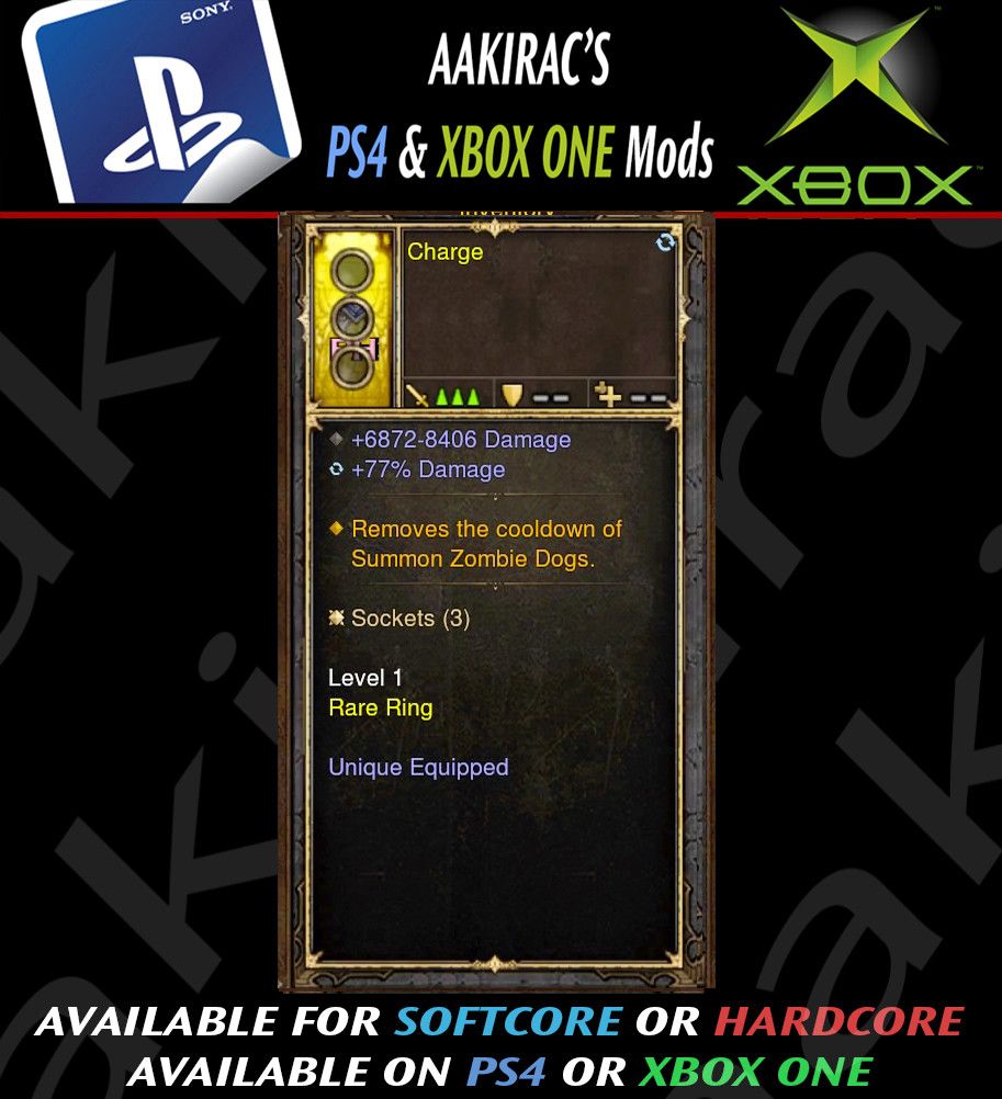 Ps4 Diablo 3 Mods Xbox One - Removes Zombie Dogs Cooldown Witch Doctor Modded Ring (Unsocketed) Charge - Diablo 3 Mods Store - Seasonal and non-seasonal - Modded Items and Gear for PlayStation 4, PlayStation 5, Nintendo Switch, and Xbox One