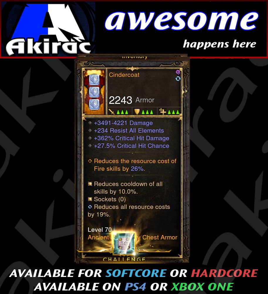 Cindercoat Modded Chest Armor 362% CHD / 27% CC - Diablo 3 Mods Store - Seasonal and non-seasonal - Modded Items and Gear for PlayStation 4, PlayStation 5, Nintendo Switch, and Xbox One