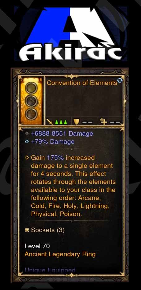 Convention of Elements 6.8k-8.5k Damage, 79% Damage Modded Ring (Unsocketed) - Diablo 3 Mods Store - Seasonal and non-seasonal - Modded Items and Gear for PlayStation 4, PlayStation 5, Nintendo Switch, and Xbox One