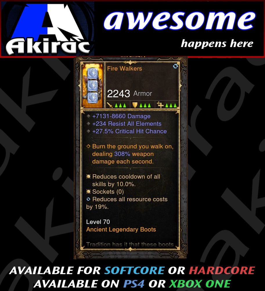 Fire Walkers Modded Boots - Diablo 3 Mods Store - Seasonal and non-seasonal - Modded Items and Gear for PlayStation 4, PlayStation 5, Nintendo Switch, and Xbox One