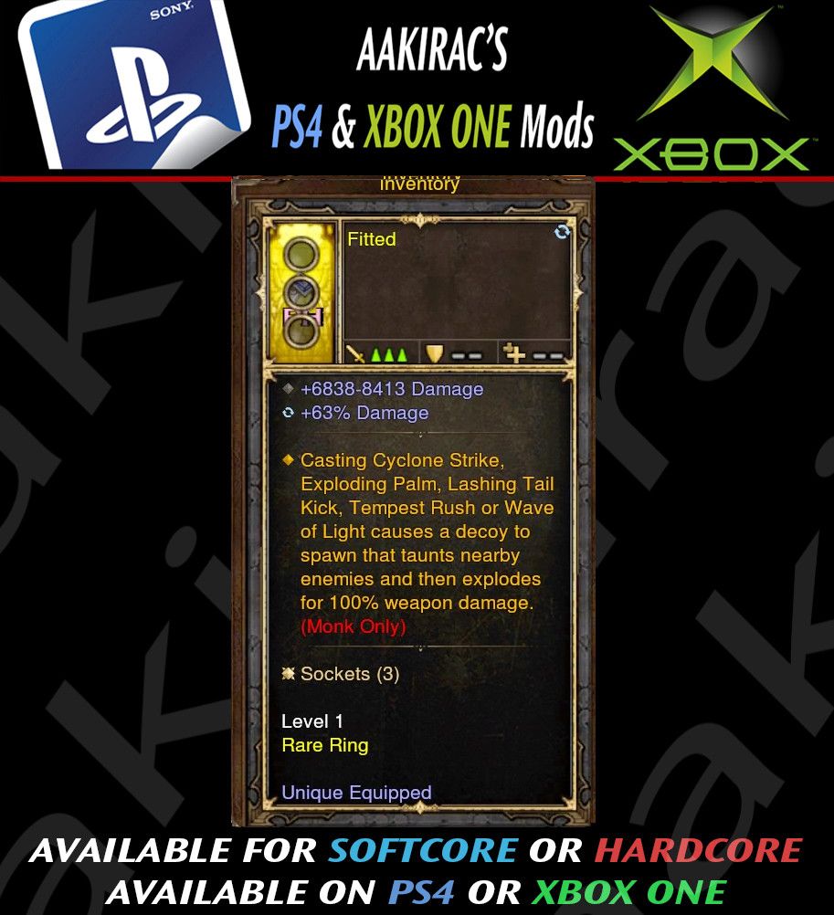 Spawn a Decoy that Explodes and Taunts Monk Modded Ring (Unsocketed) Fitted - Diablo 3 Mods Store - Seasonal and non-seasonal - Modded Items and Gear for PlayStation 4, PlayStation 5, Nintendo Switch, and Xbox One