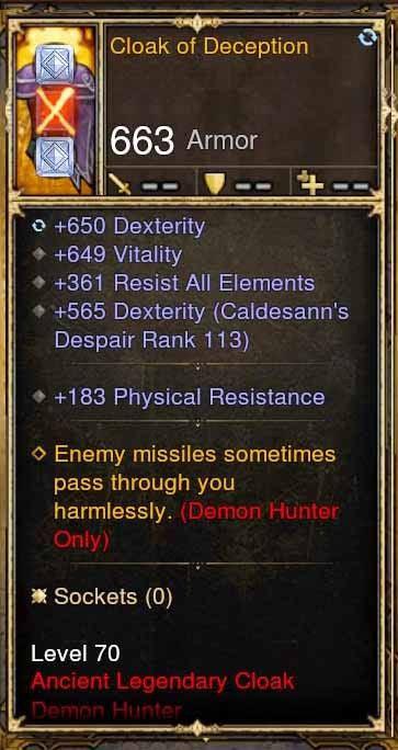 Fake Legit Cloak of Deception Chest 650 Dex, 649 Vit, 183 Phys Resist, 361 Resist All - Diablo 3 Mods Store - Seasonal and non-seasonal - Modded Items and Gear for PlayStation 4, PlayStation 5, Nintendo Switch, and Xbox One