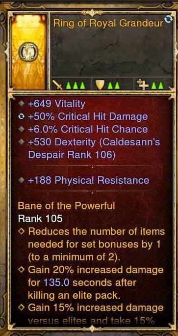 Fake Legit Ring of Royal Grandeur 649 Vit, 50% CHD, 6% CC, 188 Physical Resist - Diablo 3 Mods Store - Seasonal and non-seasonal - Modded Items and Gear for PlayStation 4, PlayStation 5, Nintendo Switch, and Xbox One