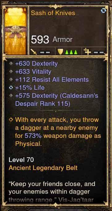 Fake Legit Sash of Knives Belt 630 Dex, 633 Vit, 112 RA, 15% Life - Diablo 3 Mods Store - Seasonal and non-seasonal - Modded Items and Gear for PlayStation 4, PlayStation 5, Nintendo Switch, and Xbox One
